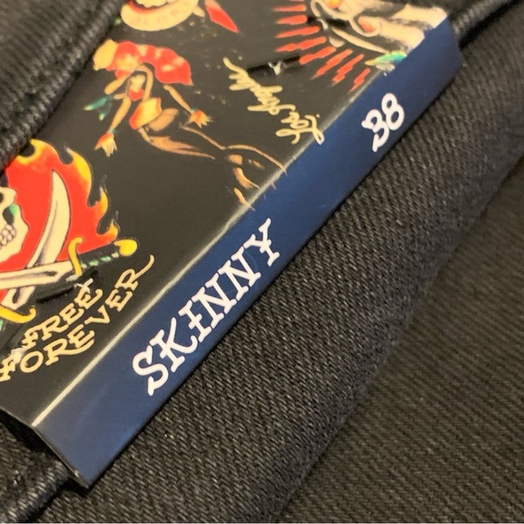 Ed Hardy Jeans Mens Sz 38x30 Black Embroidered Skull Denim Skinny - Picture 9 of 9